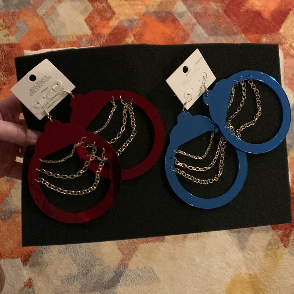 Mirrored Handcuff Earrings, NWT, Buy One Get One Free Blue & Red, Trendy Emily B